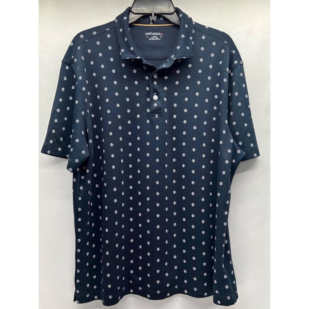 Untuckit Mens Navy Blue Polo Shirt Large Floral Print 100% Pima Cotton Damian